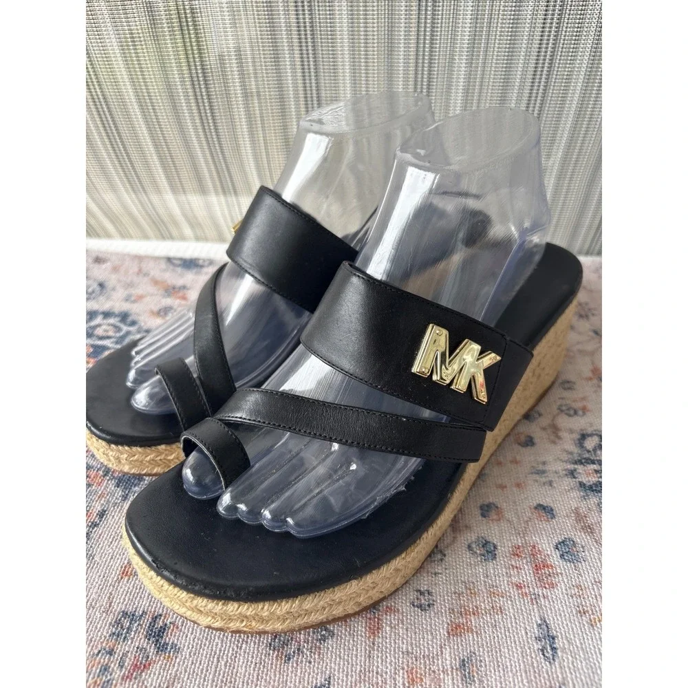 Michael Kors Black Leather Espadrille Wedge Sandals Toe Loop Platform Slides